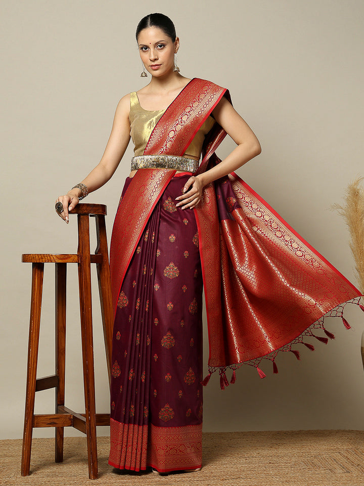 Wine Art Silk Woven Saree