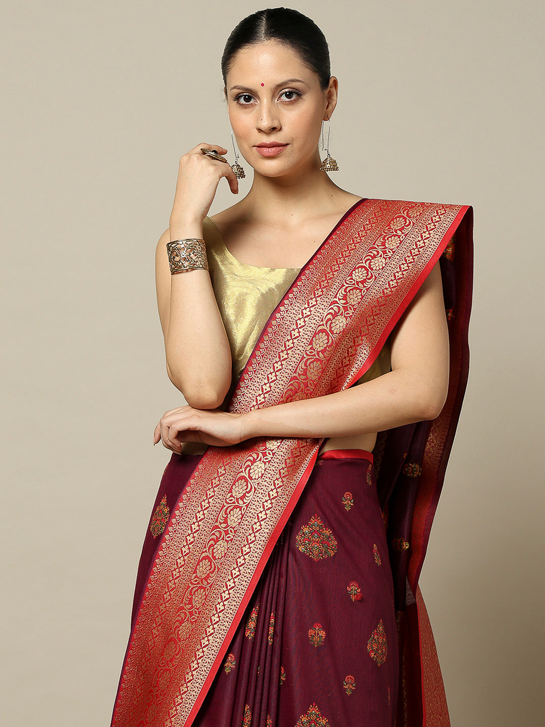 Wine Art Silk Woven Saree