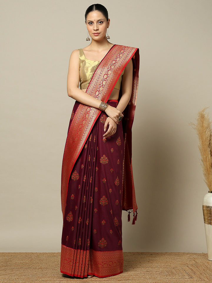 Wine Art Silk Woven Saree