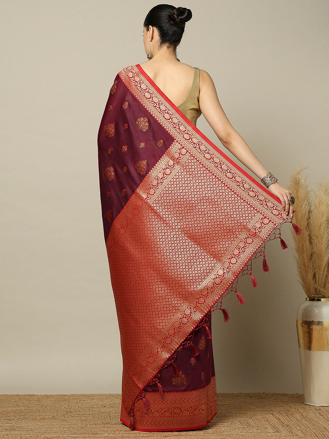 Wine Art Silk Woven Saree