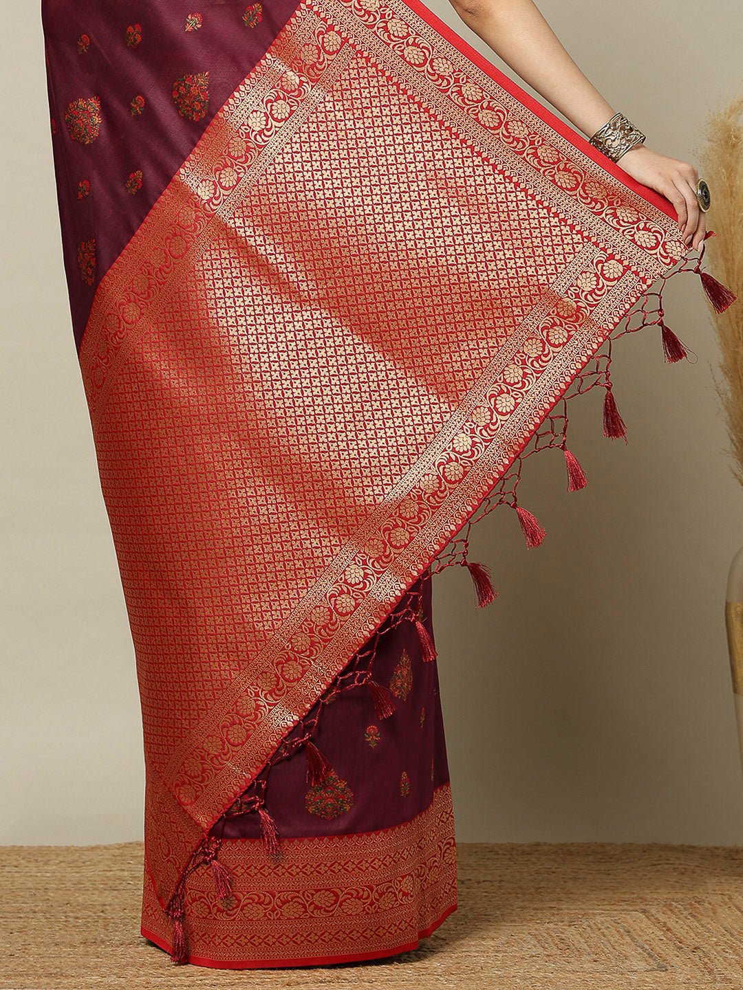 Wine Art Silk Woven Saree