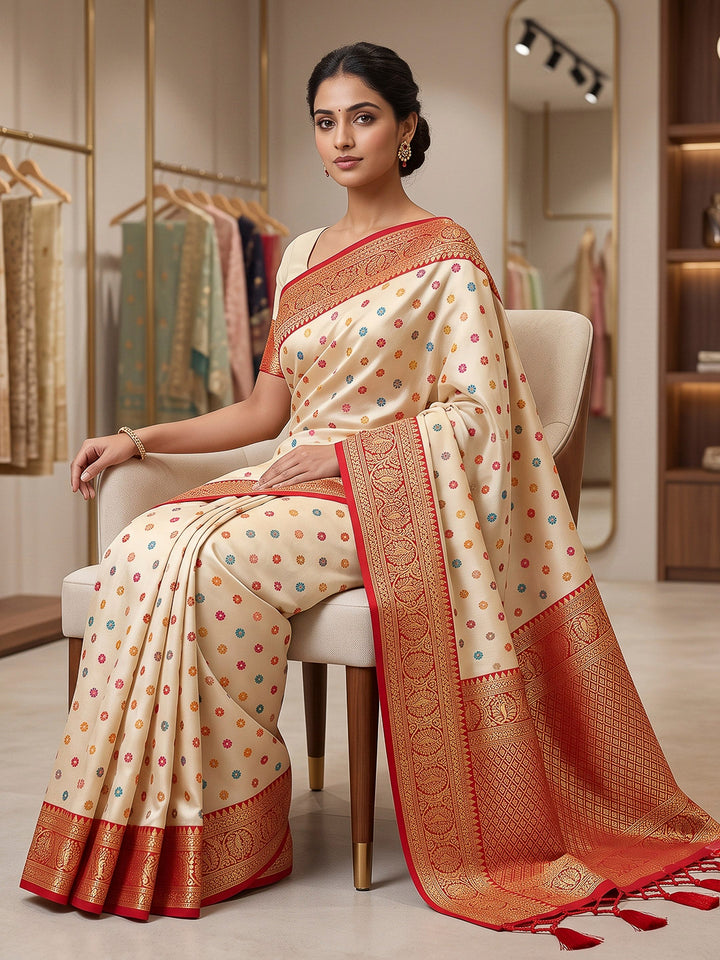 Cream Art Silk Woven Saree