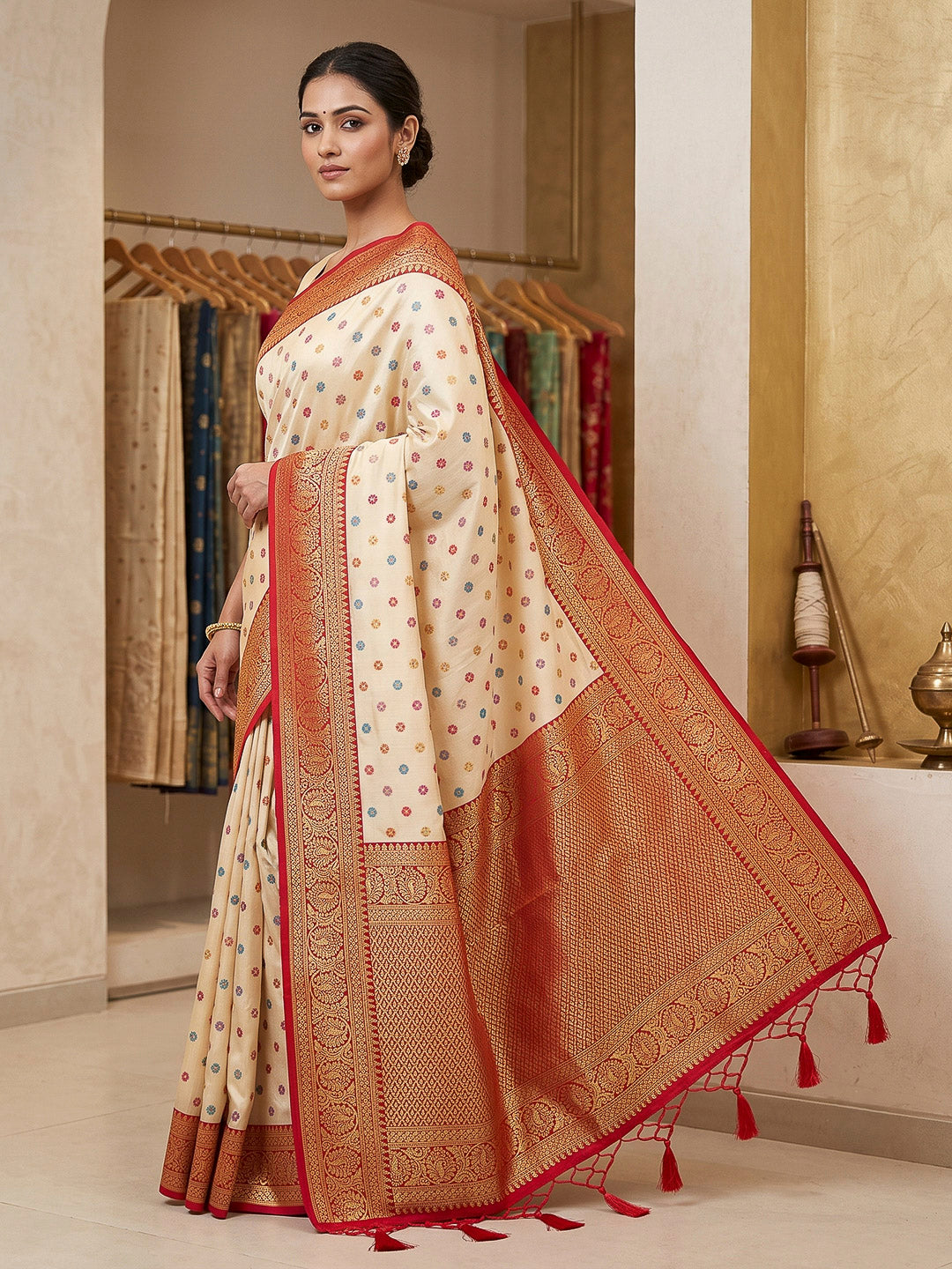 Cream Art Silk Woven Saree