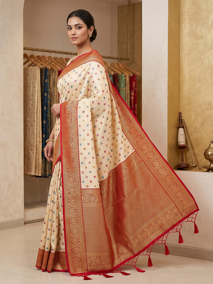 Cream Art Silk Woven Saree