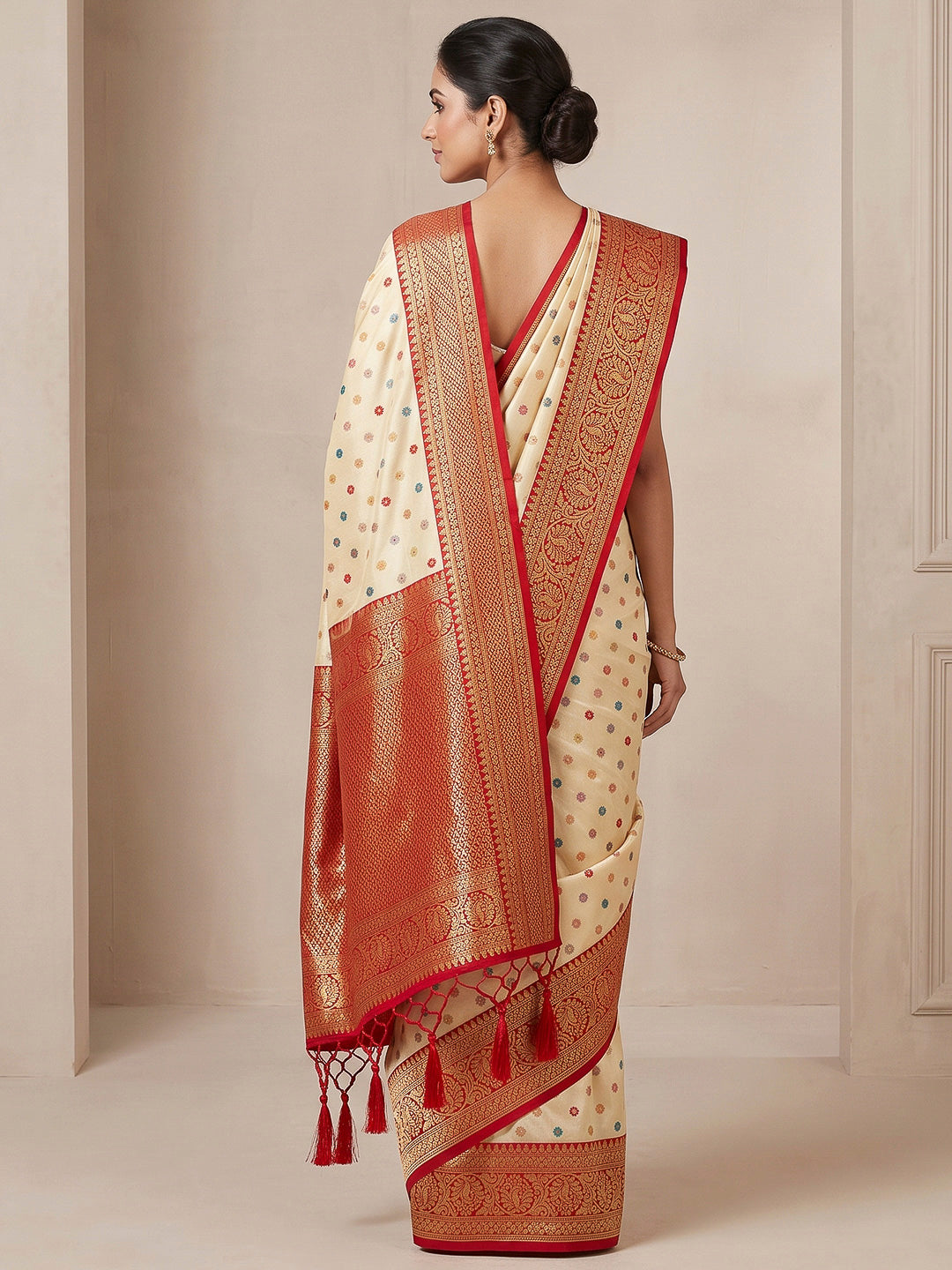 Cream Art Silk Woven Saree
