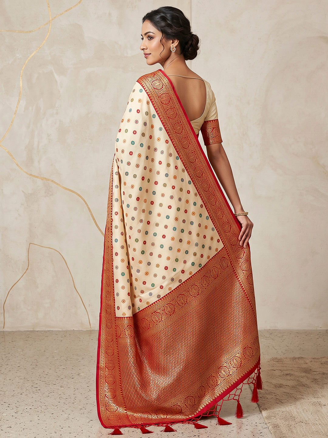 Cream Art Silk Woven Saree