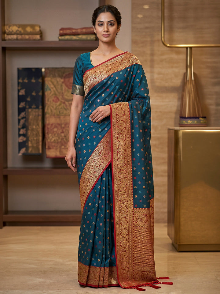 Peacock-Blue Art Silk Woven Saree