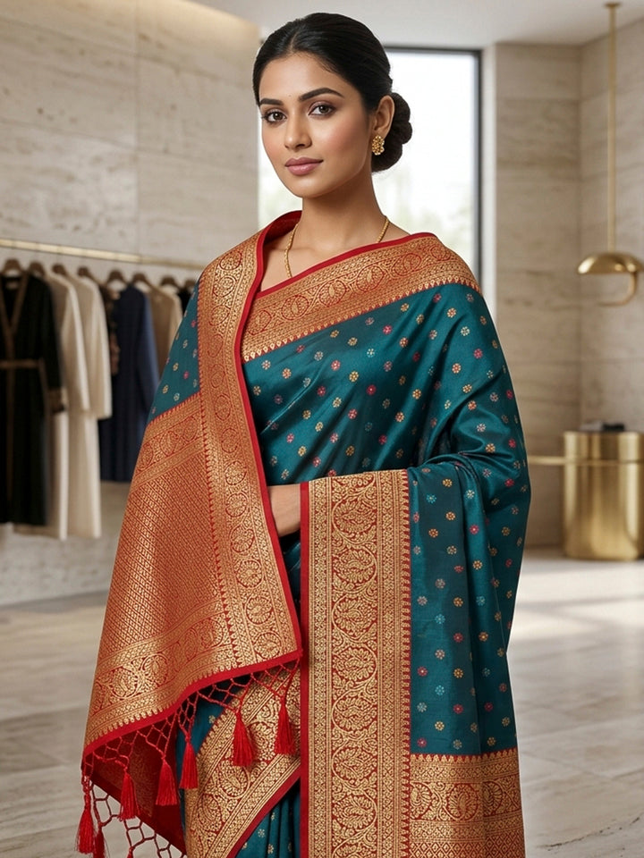 Peacock-Blue Art Silk Woven Saree