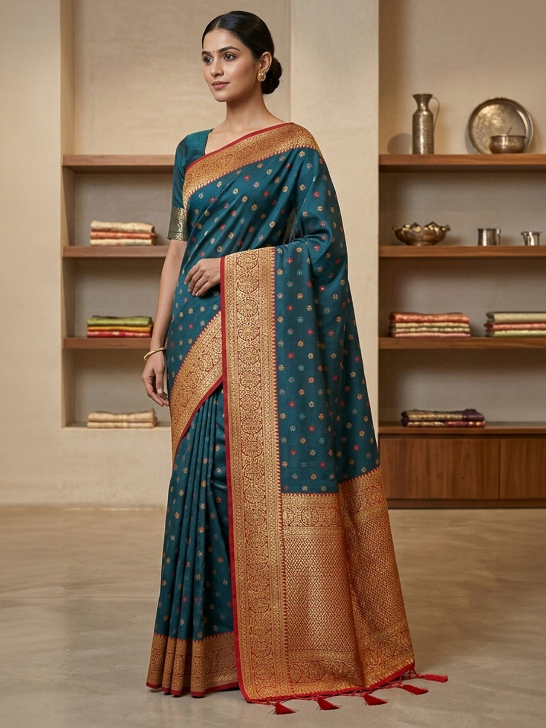 Peacock-Blue Art Silk Woven Saree