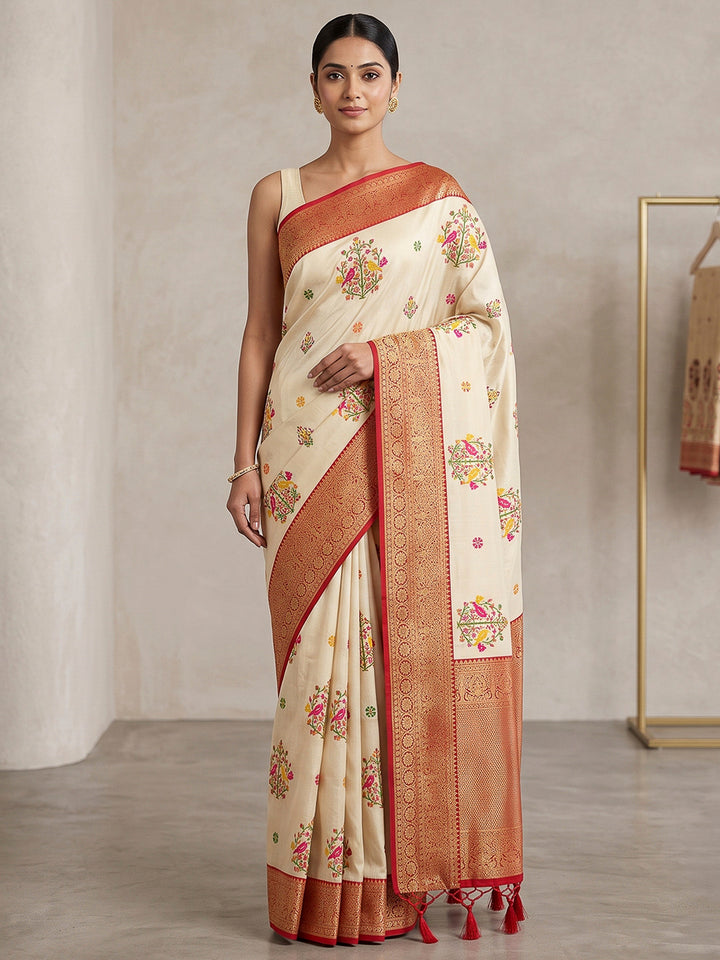 Cream Art Silk Woven Saree