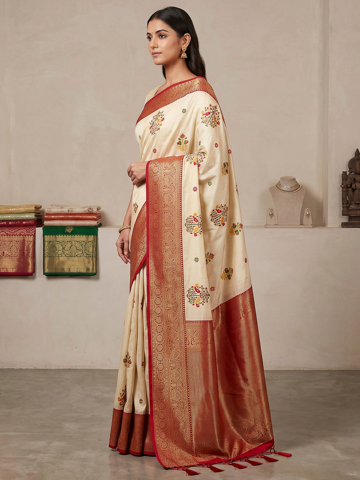 Cream Art Silk Woven Saree