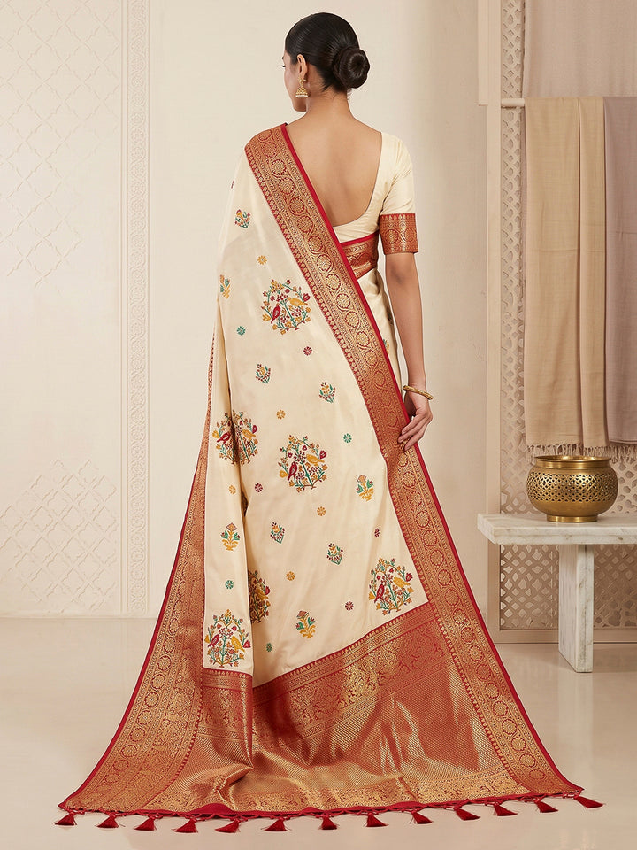 Cream Art Silk Woven Saree