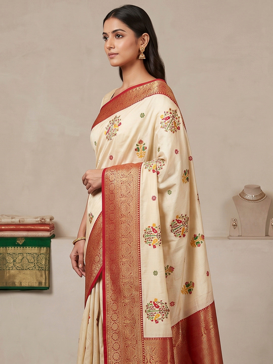 Cream Art Silk Woven Saree