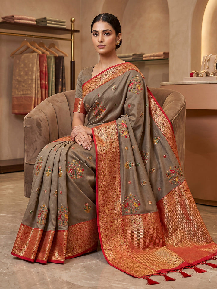 Grey Art Silk Woven Saree