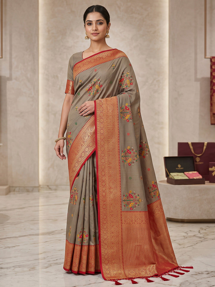 Grey Art Silk Woven Saree
