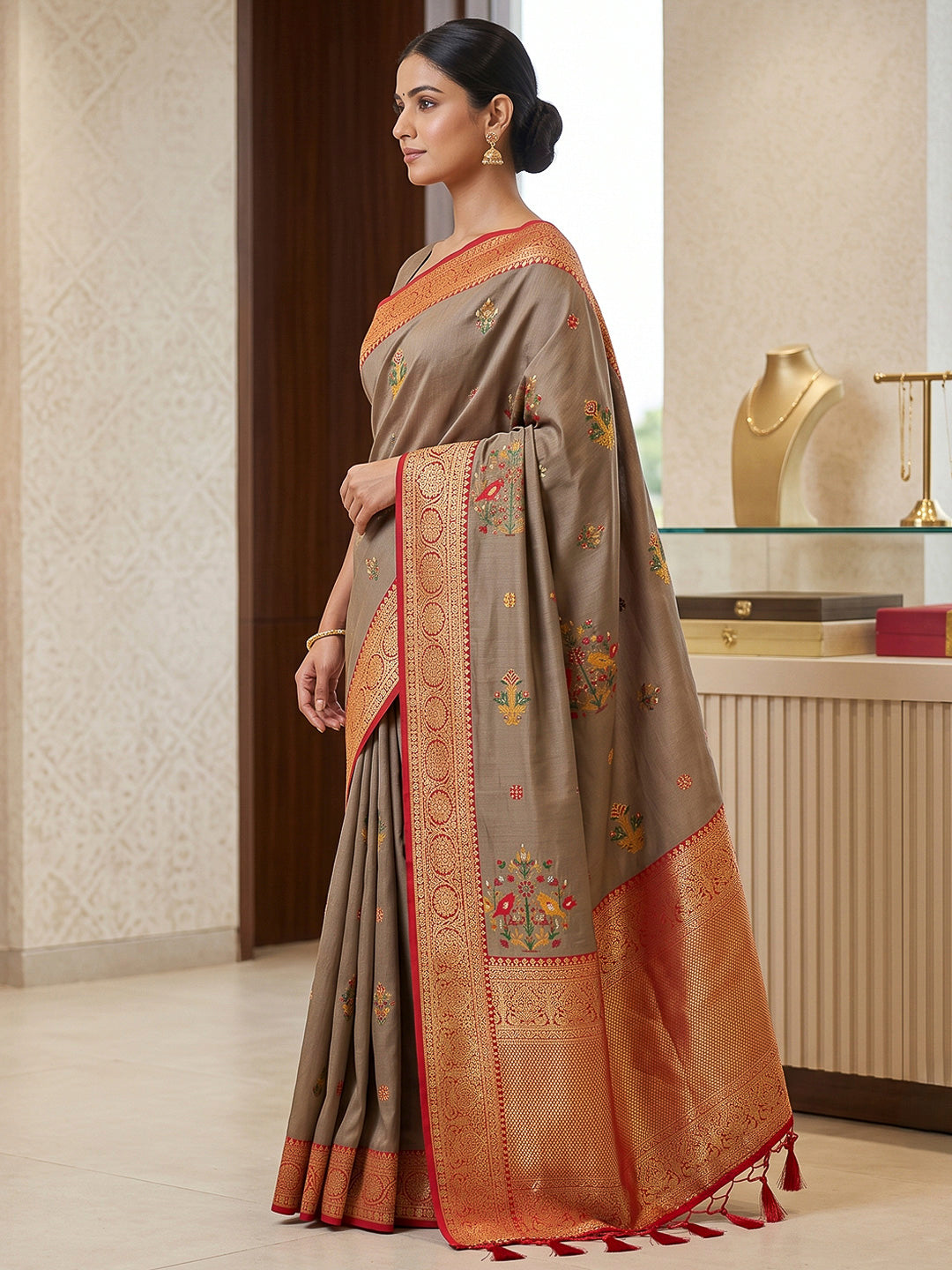 Grey Art Silk Woven Saree