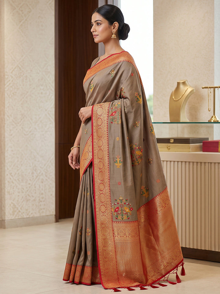 Grey Art Silk Woven Saree