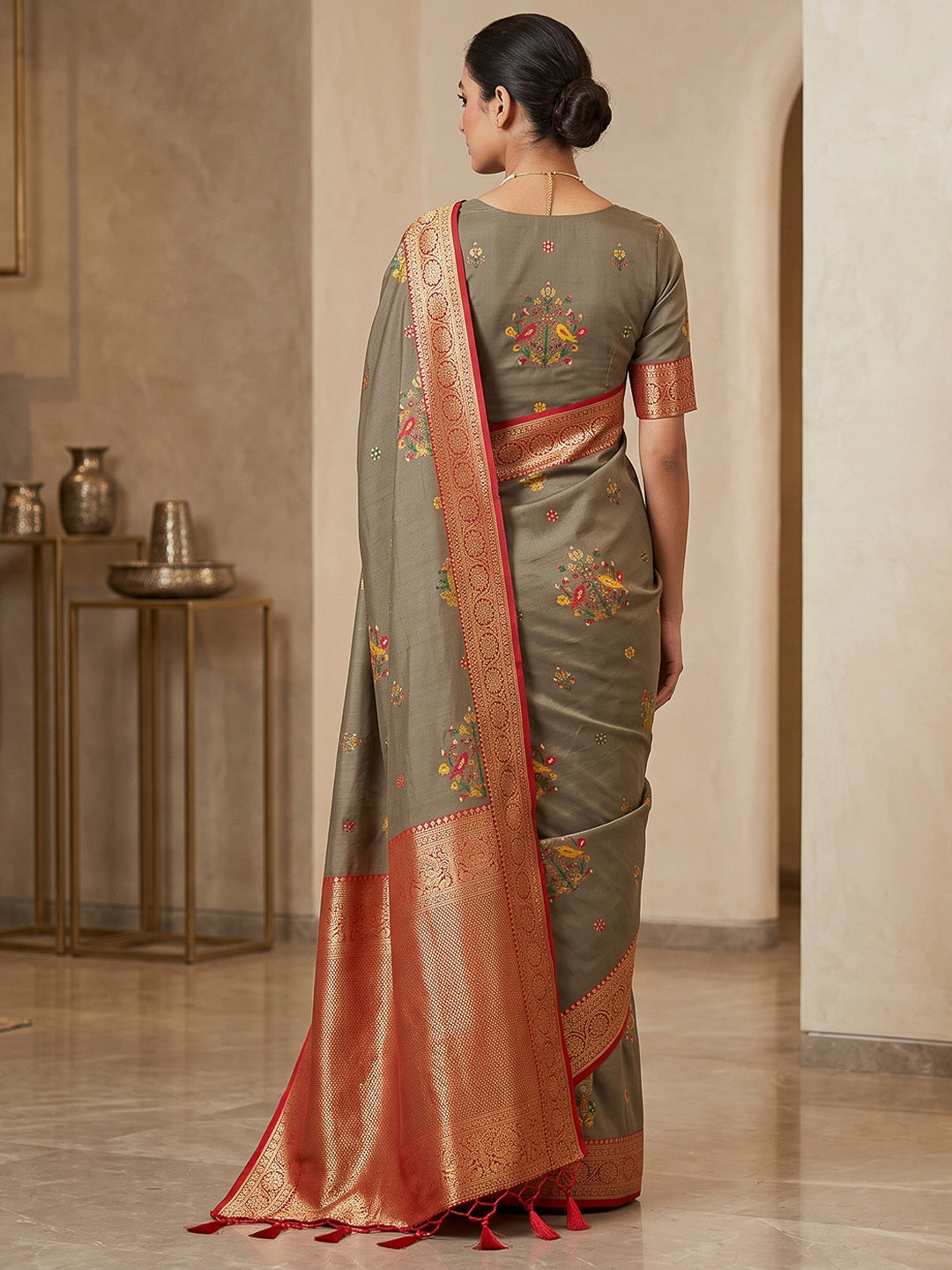 Grey Art Silk Woven Saree