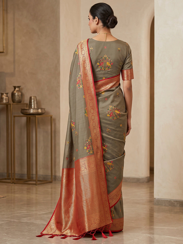 Grey Art Silk Woven Saree