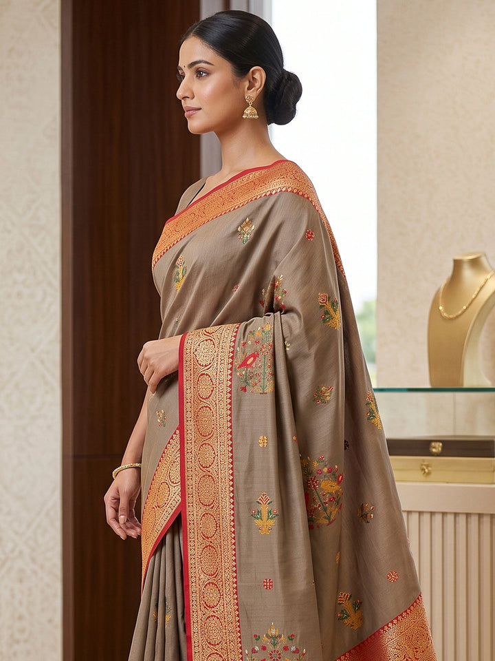 Grey Art Silk Woven Saree