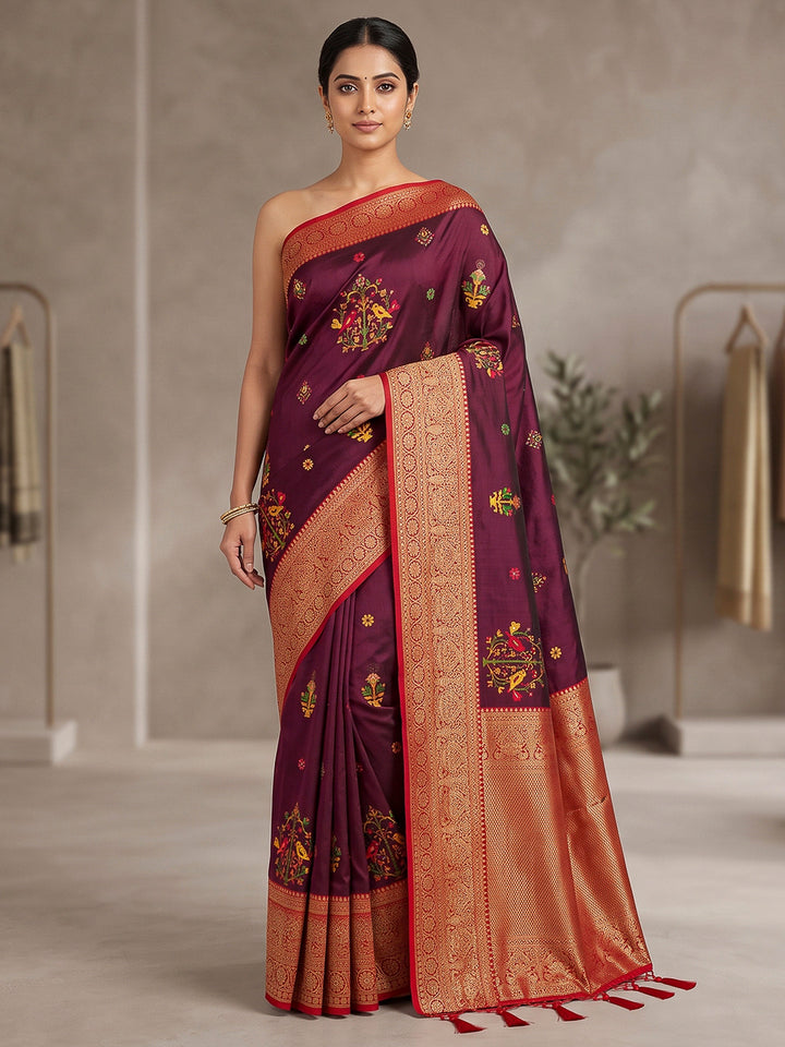 Wine Art Silk Woven Saree