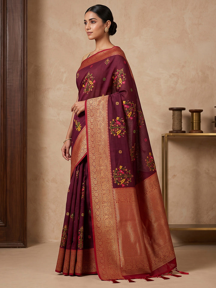 Wine Art Silk Woven Saree