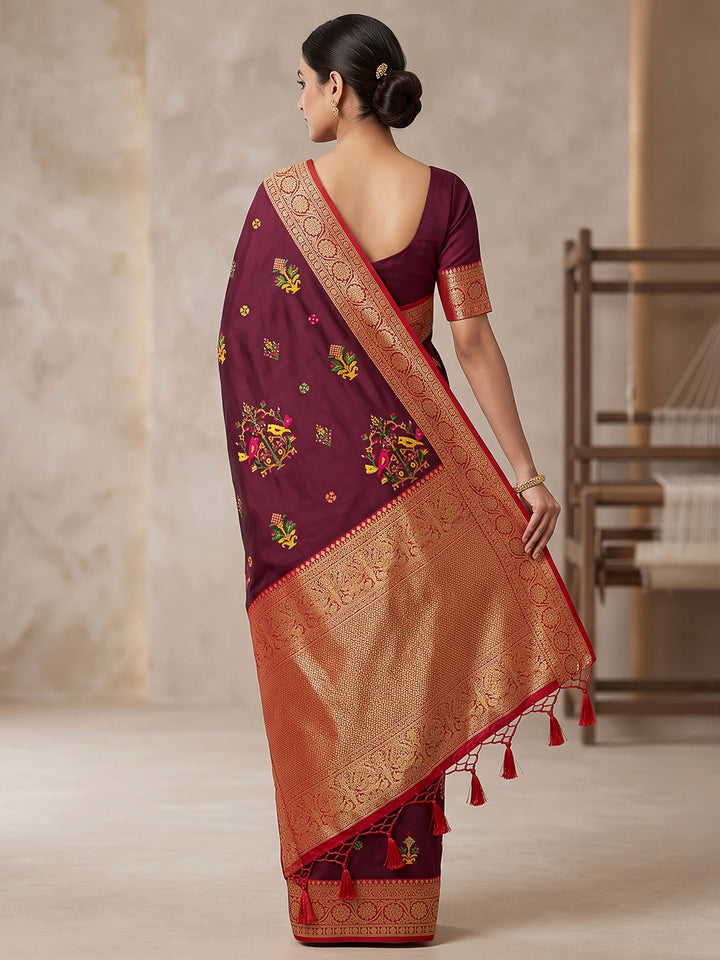Wine Art Silk Woven Saree