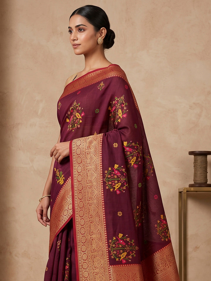 Wine Art Silk Woven Saree