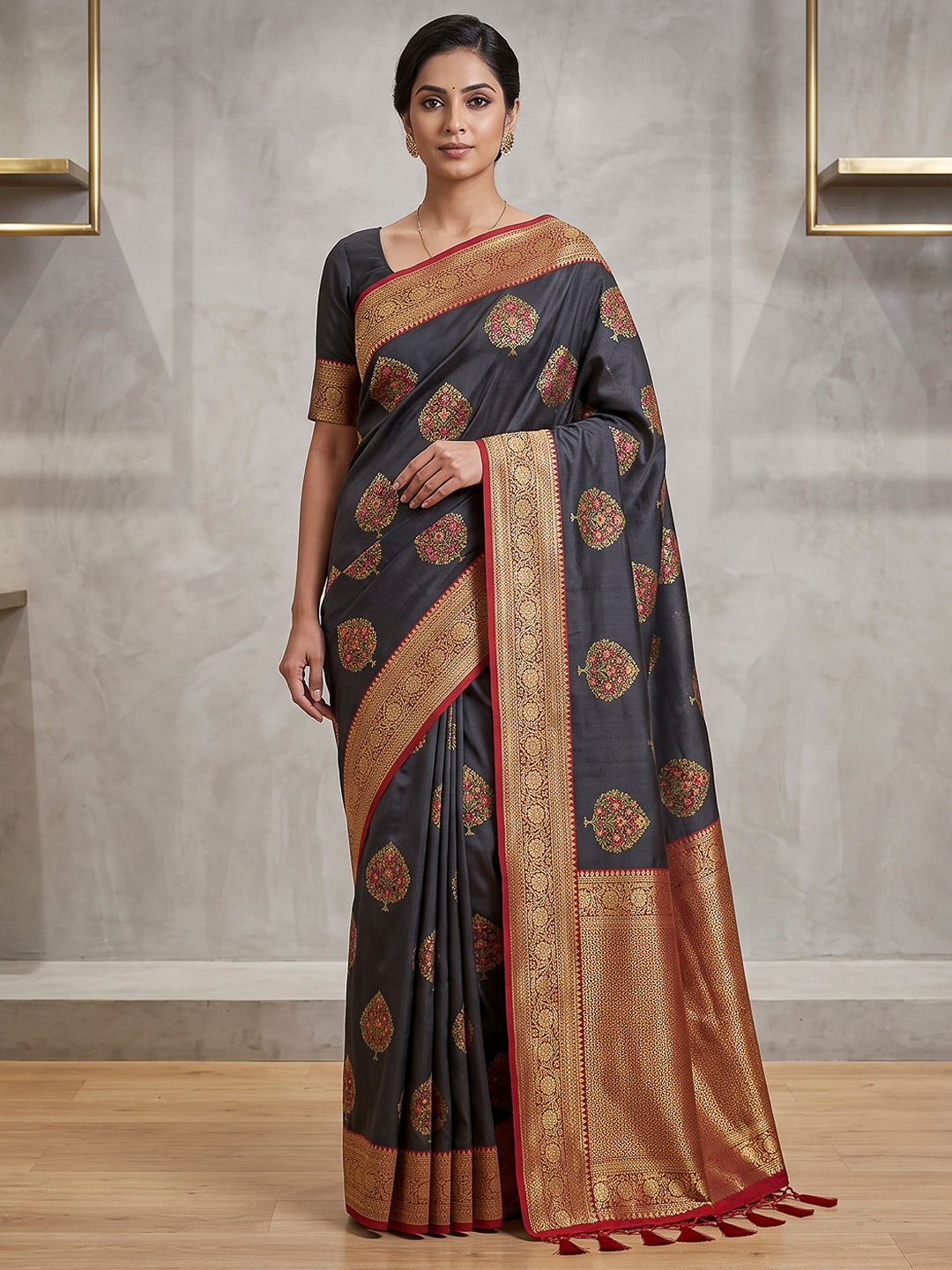 Black Art Silk Woven Saree