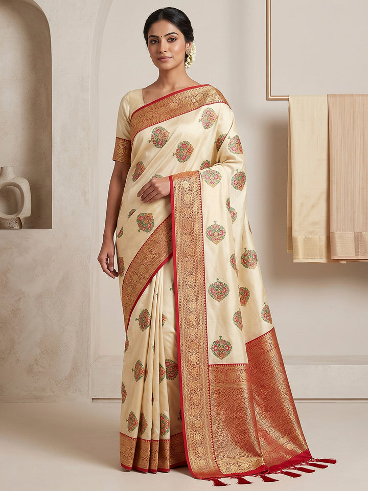 Cream Art Silk Woven Saree