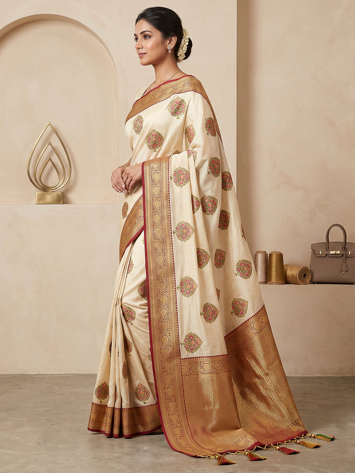 Cream Art Silk Woven Saree