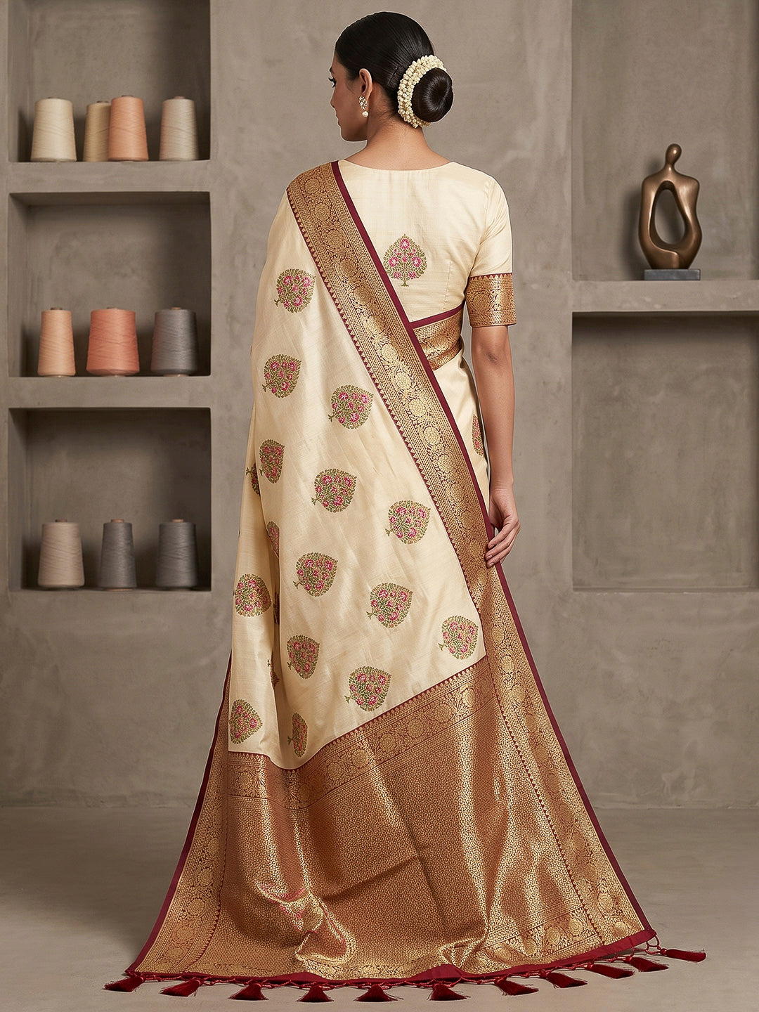 Cream Art Silk Woven Saree