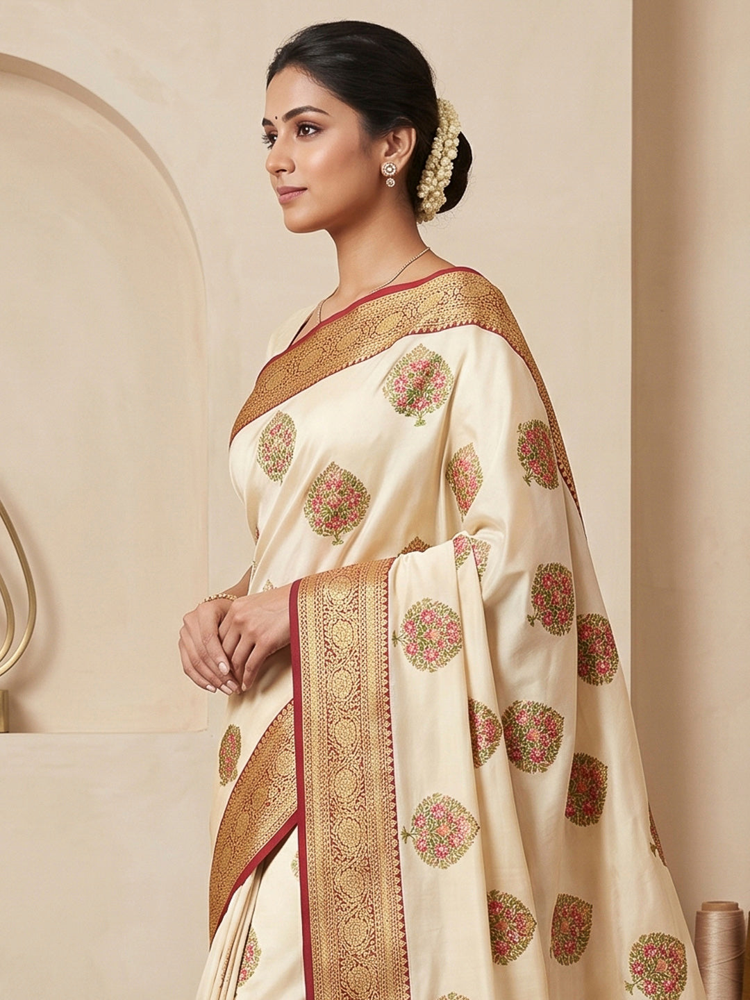 Cream Art Silk Woven Saree
