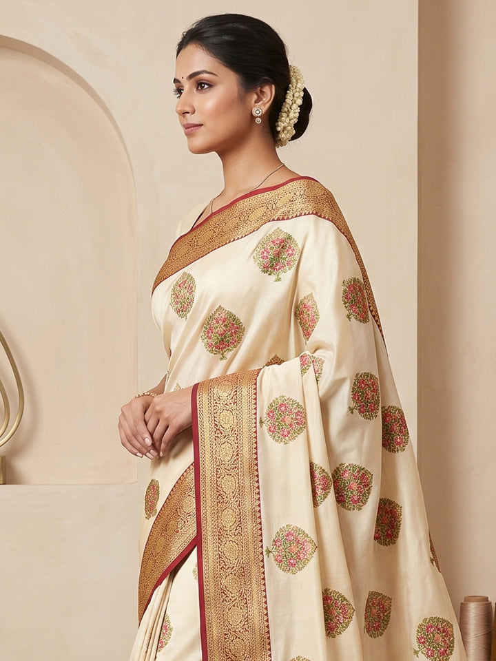 Cream Art Silk Woven Saree