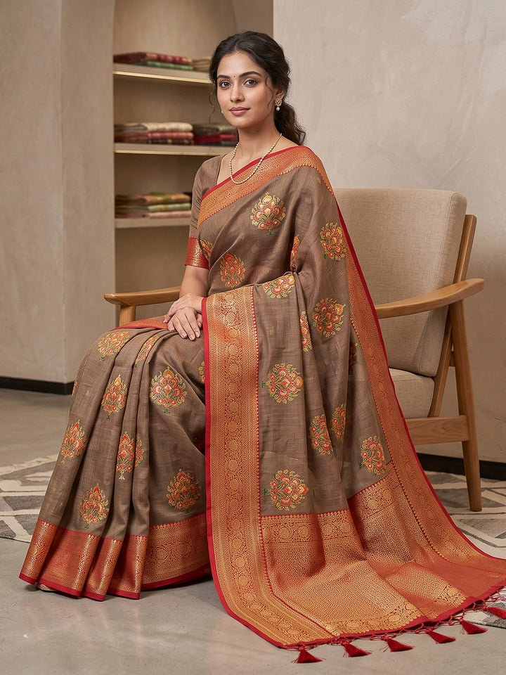 Grey Art Silk Woven Saree