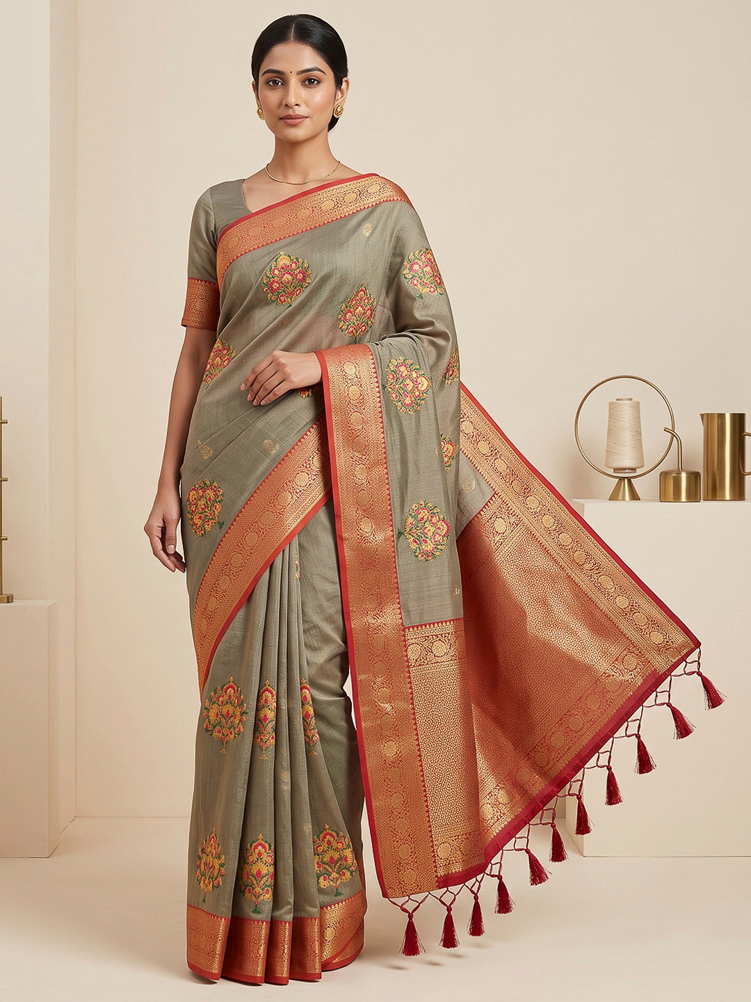 Grey Art Silk Woven Saree