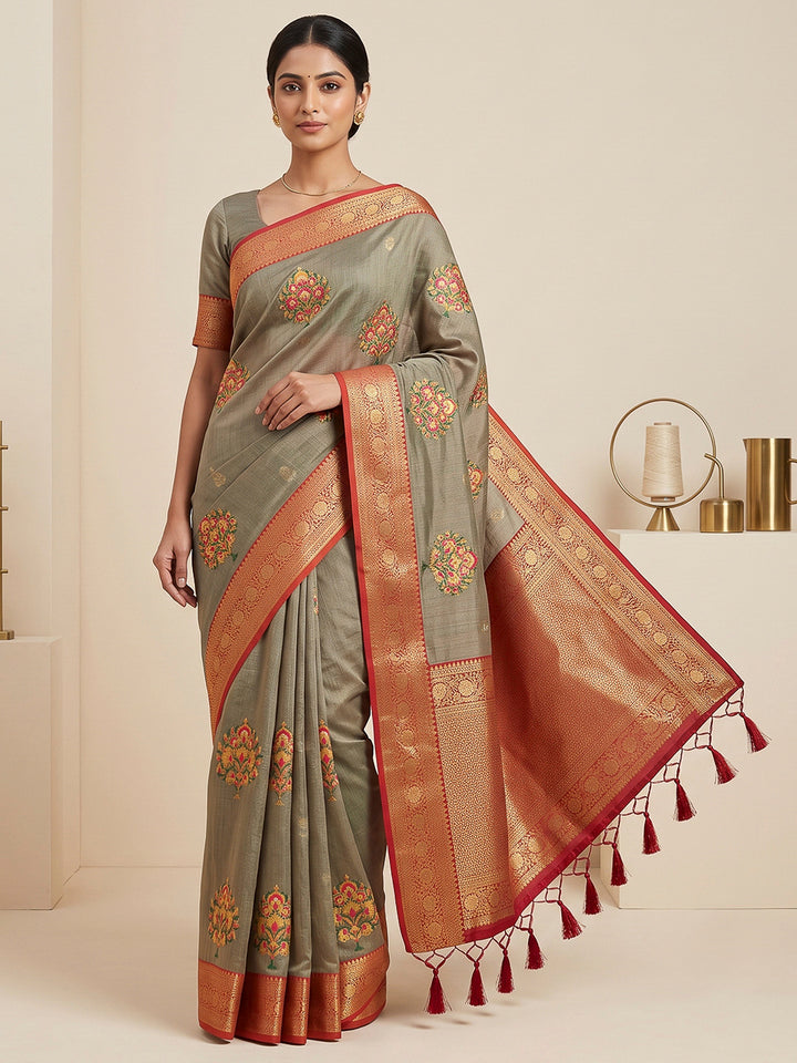 Grey Art Silk Woven Saree
