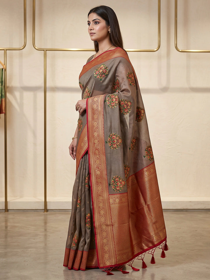Grey Art Silk Woven Saree