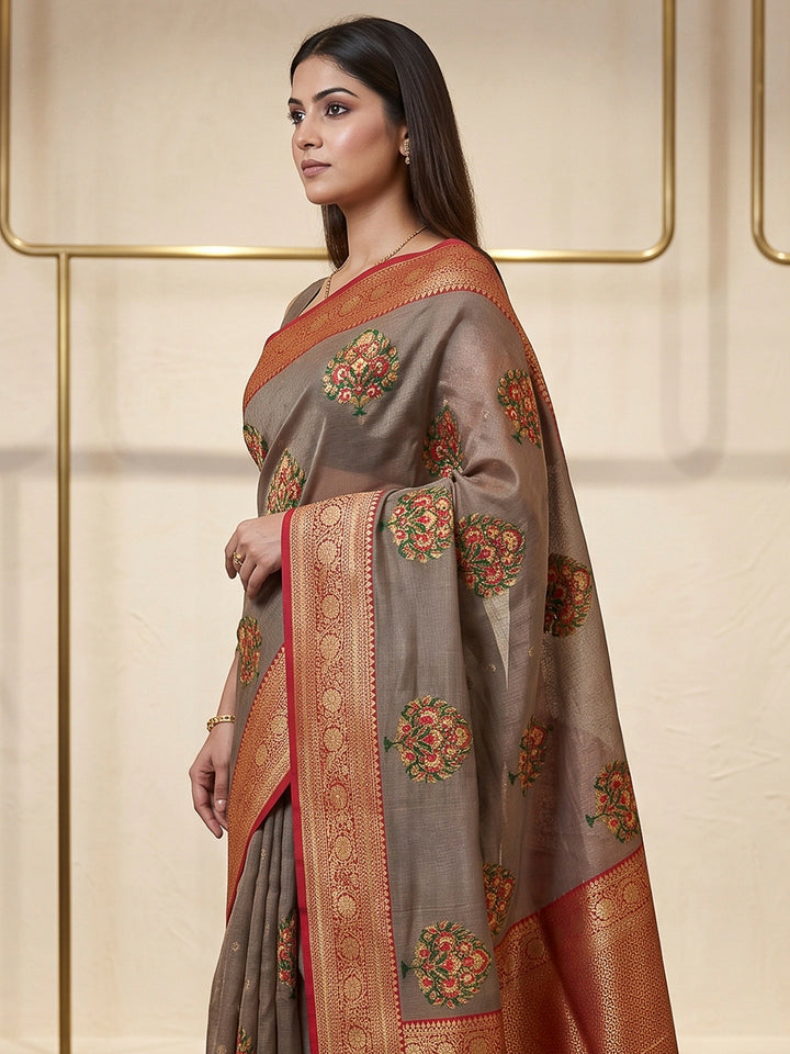 Grey Art Silk Woven Saree