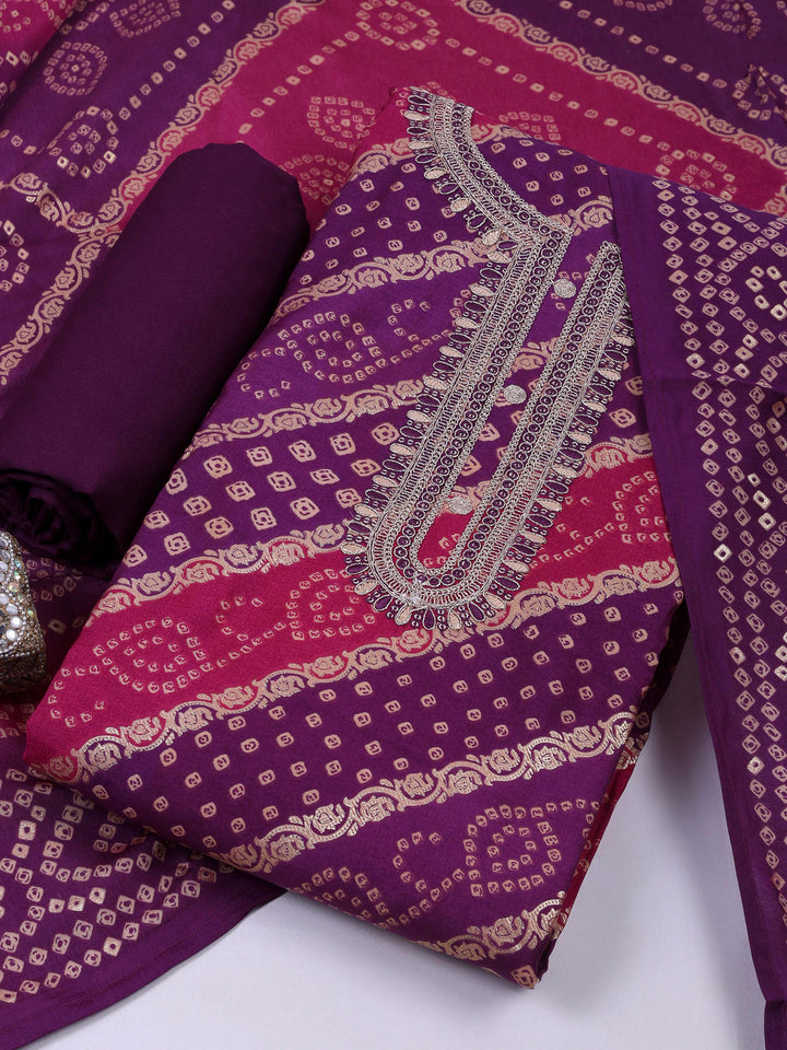 Purple Chanderi Embroidered Unstitched Dress Material