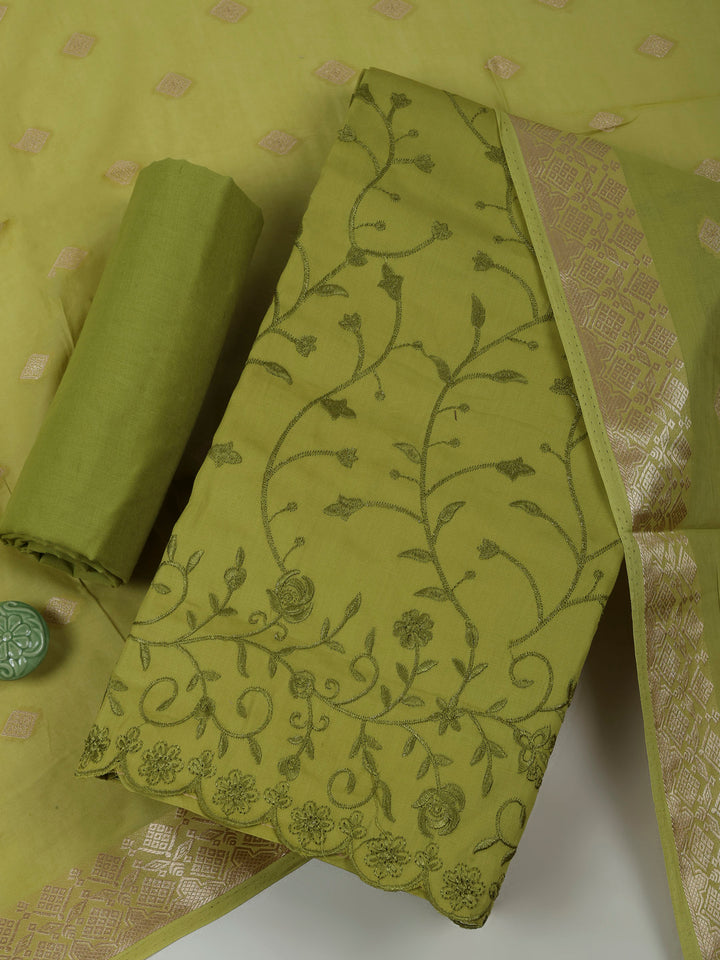 Pista Green Cotton Blend Embroidered Unstitched Dress Material
