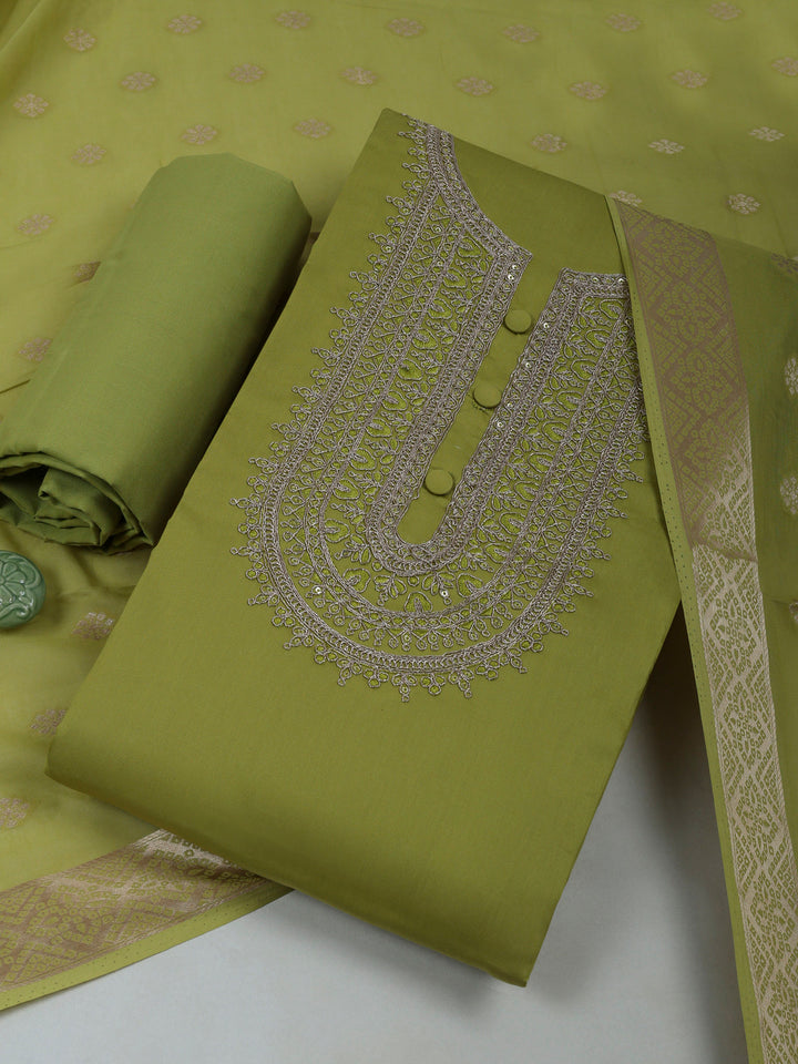 Pista Green Cotton Blend Embroidered Unstitched Dress Material
