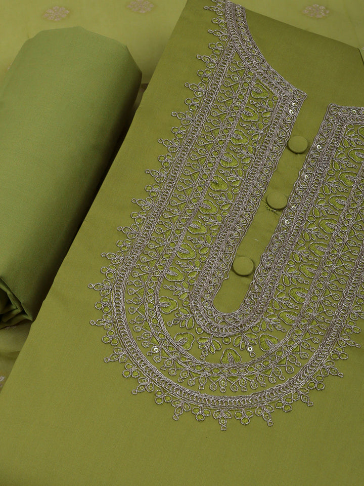 Pista Green Cotton Blend Embroidered Unstitched Dress Material