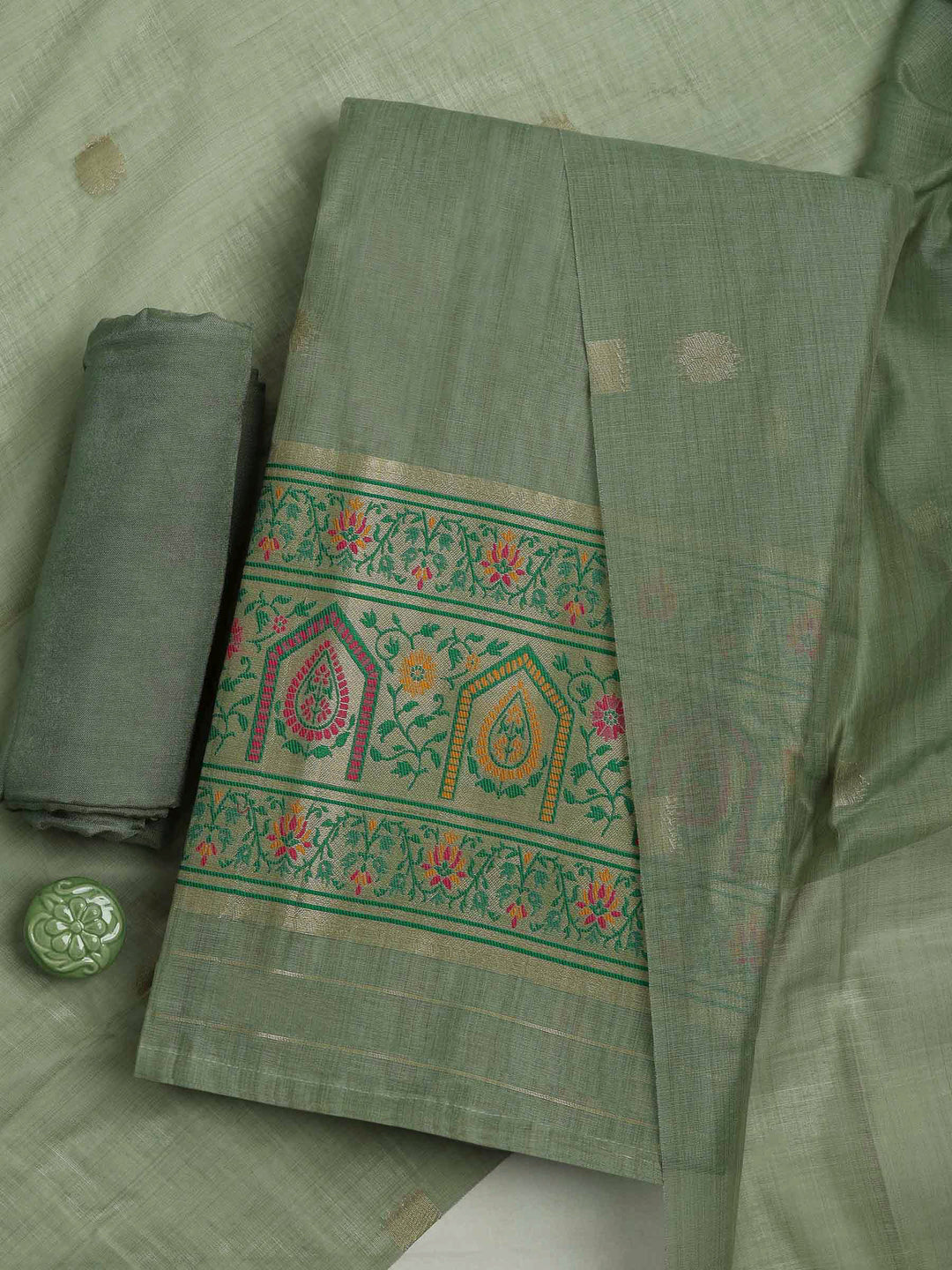 Olive Green Chanderi Woven Design Unstitched Dress Material
