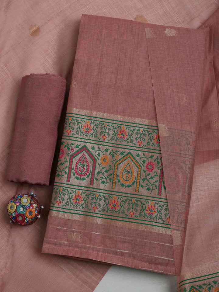Onion Pink Chanderi Woven Design Unstitched Dress Material