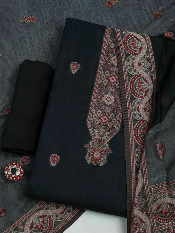 Black Chanderi Embroidered Unstitched Dress Material