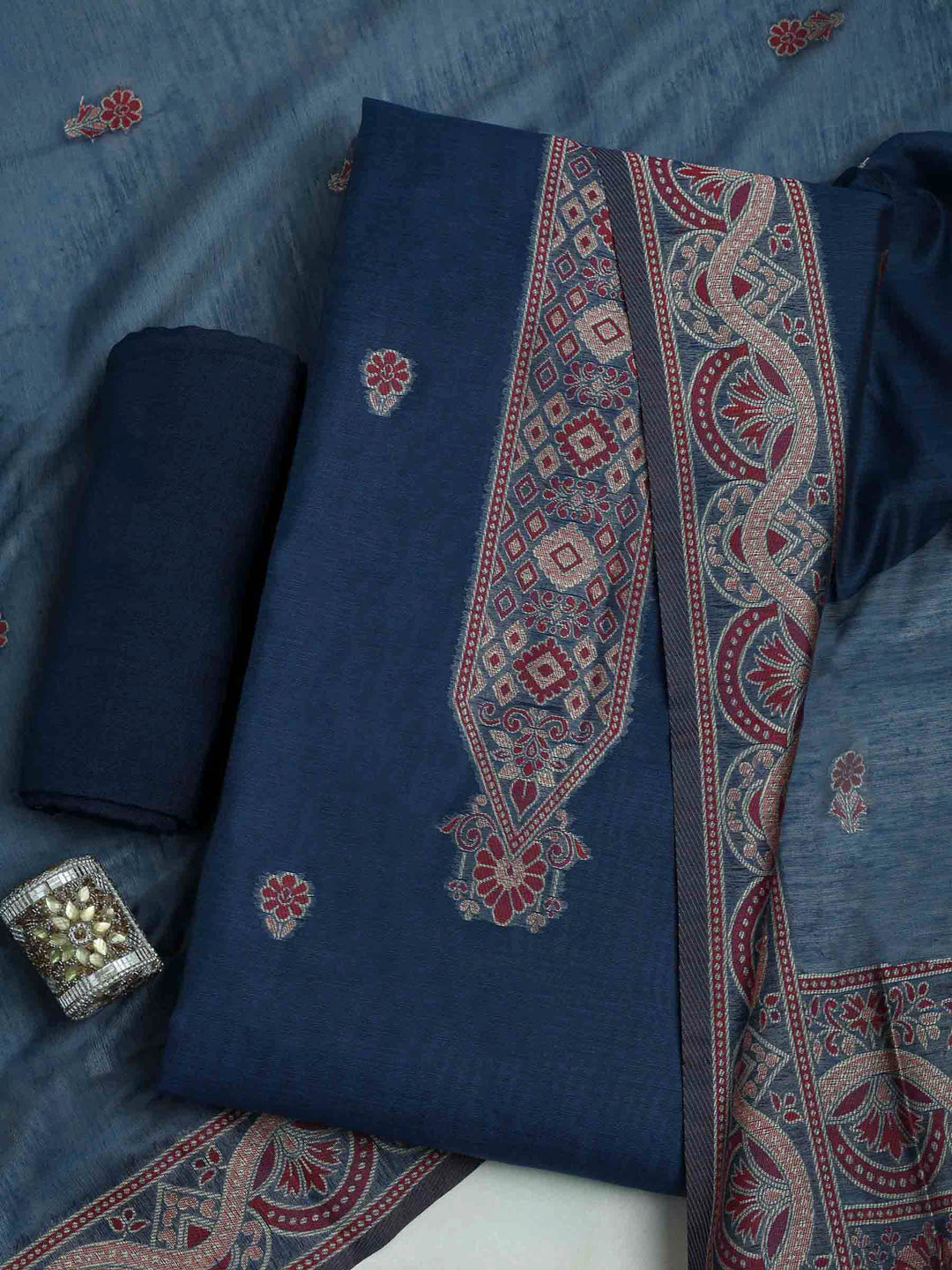 Blue Chanderi Embroidered Unstitched Dress Material