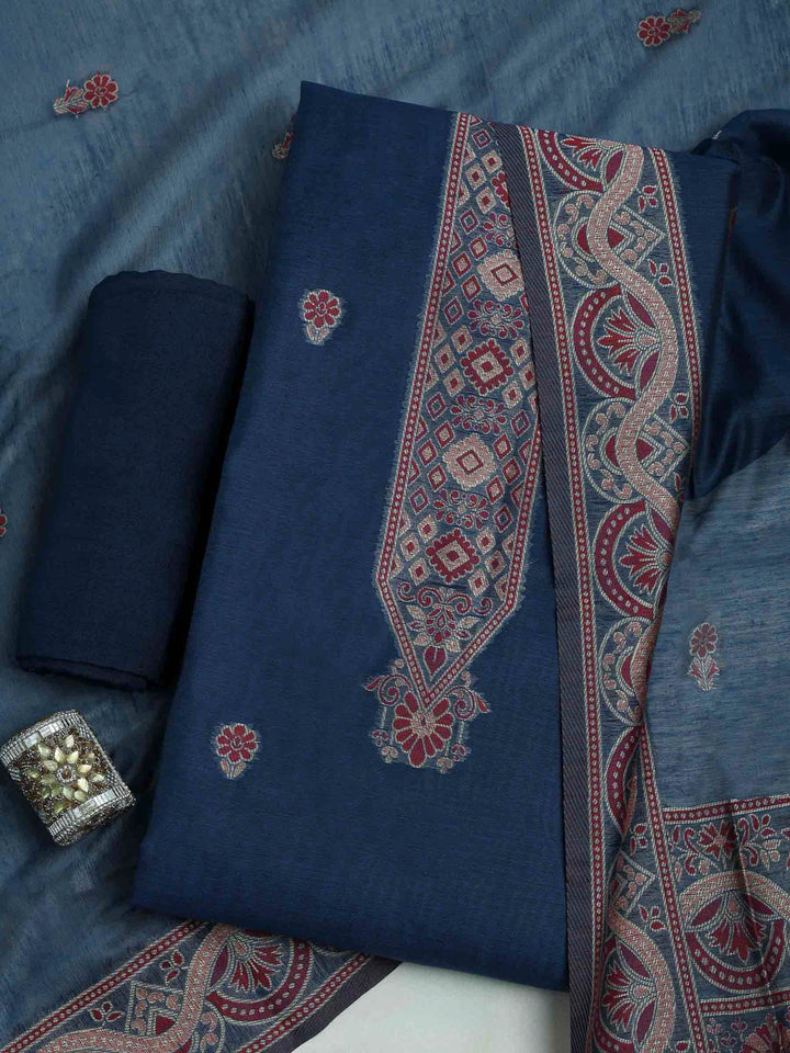Blue Chanderi Embroidered Unstitched Dress Material