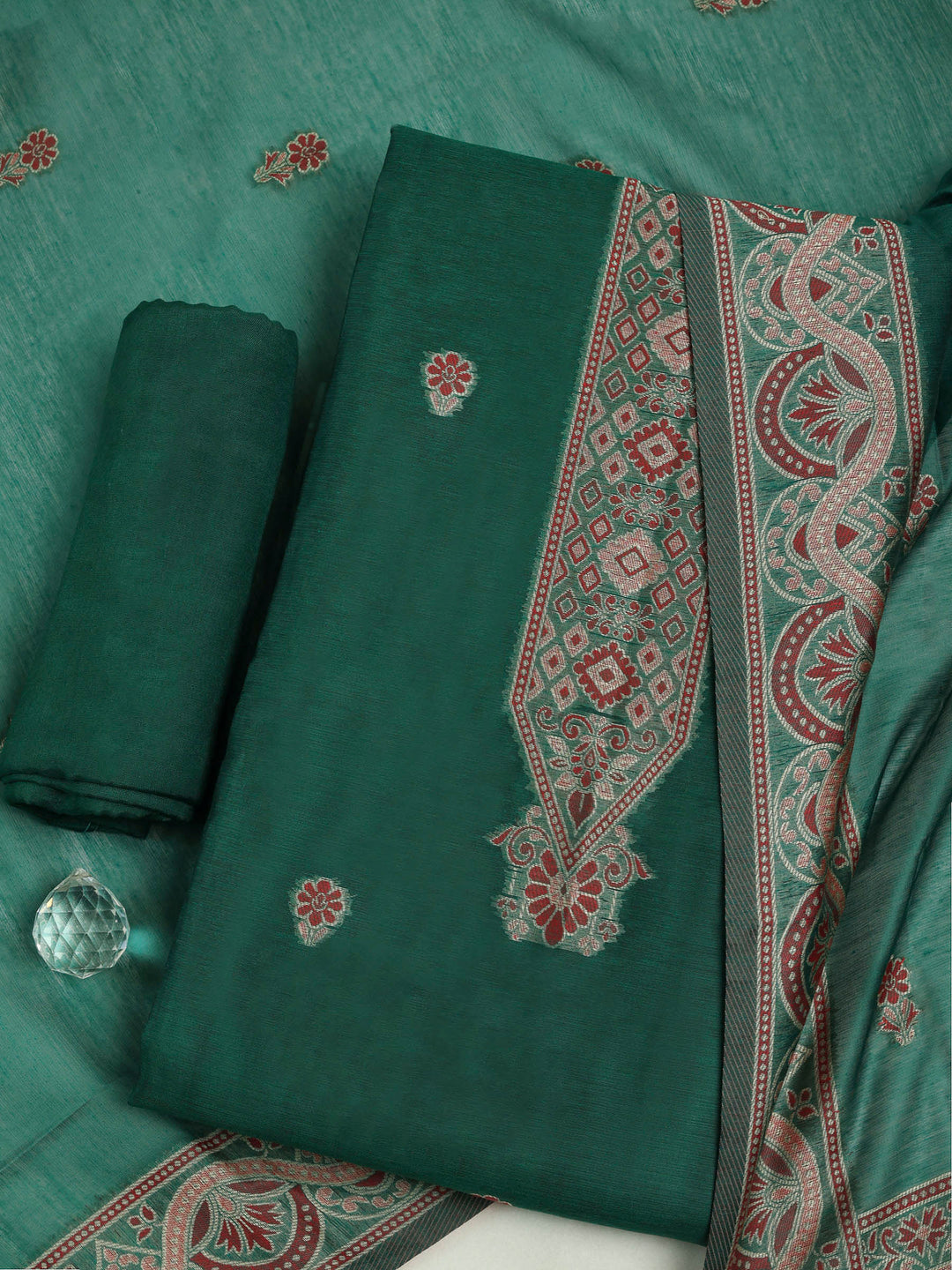 Green Chanderi Embroidered Unstitched Dress Material