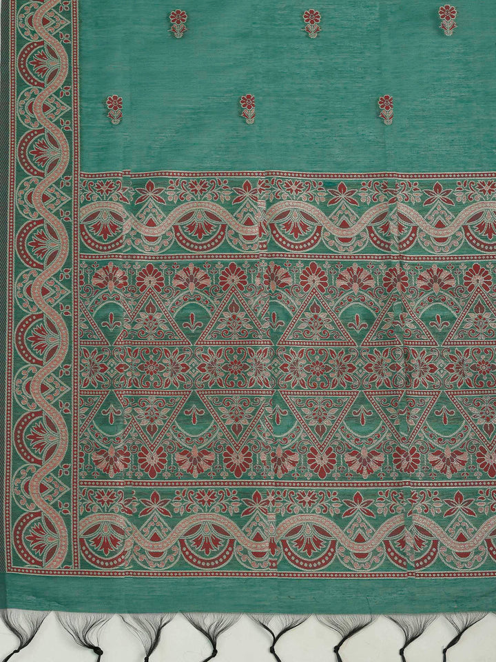 Green Chanderi Embroidered Unstitched Dress Material